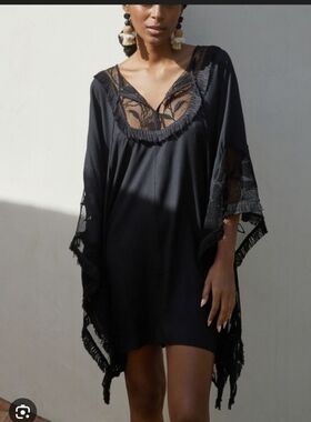 NWT By Anthropologie Black Embroidered Kimono Cover-Up Dress XS/M